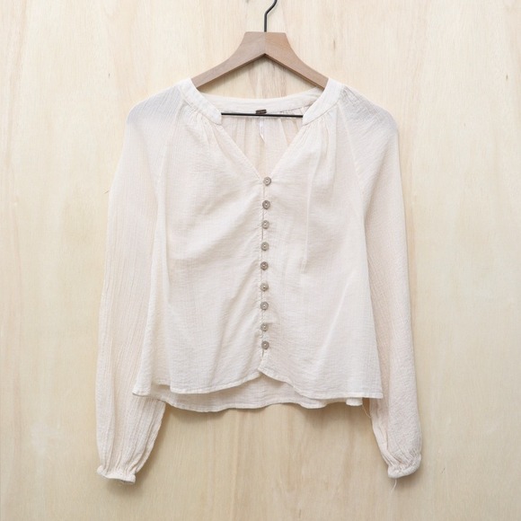 Free People Cotton Button Down Gauze Blouse Cream S - Picture 2 of 4